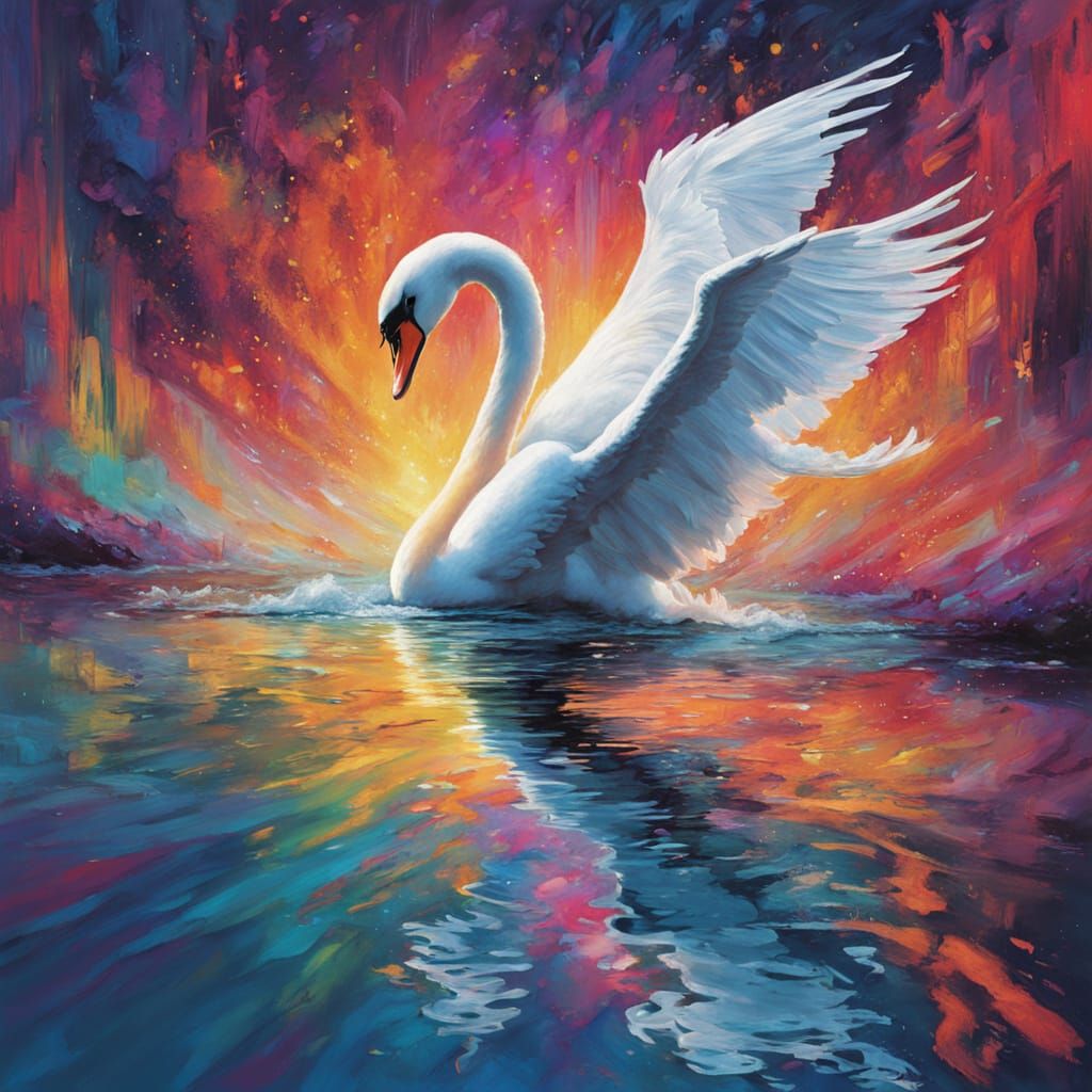 Surreal Man Gazing at Luminous Swan in Glitch Colors