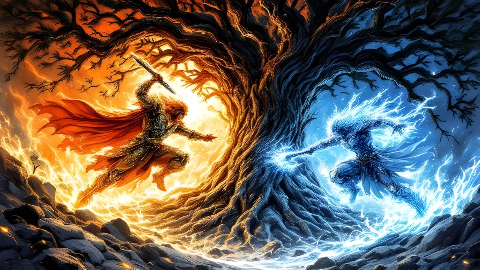 Fire God vs Ice God: Pen and Ink Battle