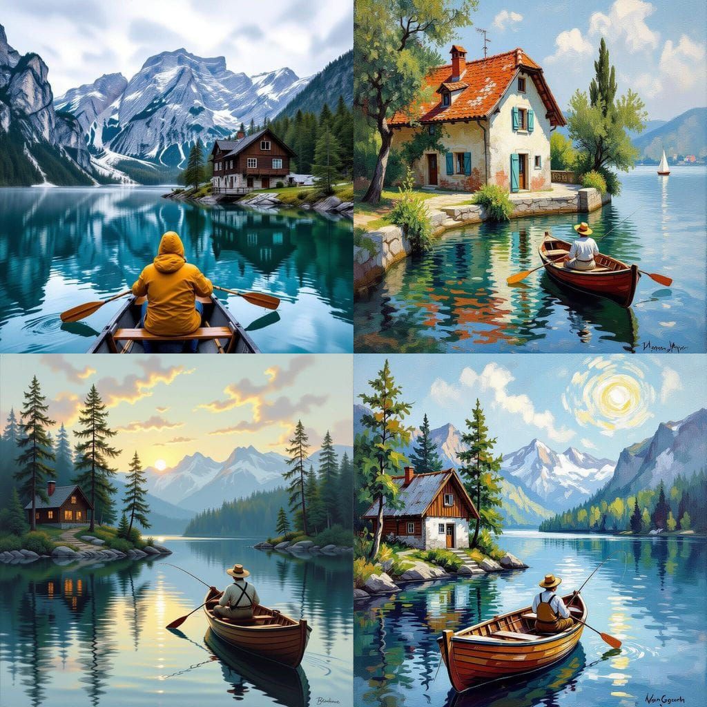 Lakeside House with Fisherman in Boat