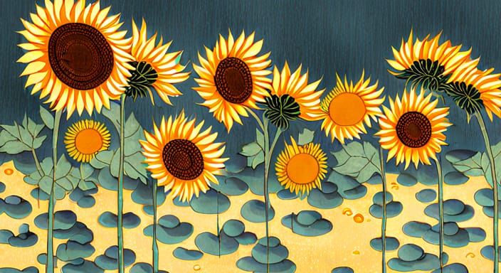 Sunflowers in Rain: Ukiyo-e Style Print