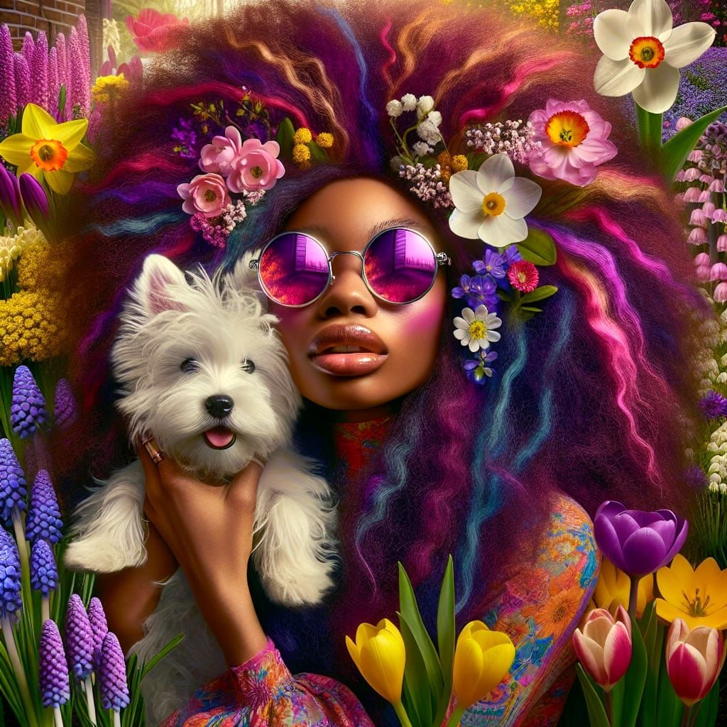 A 1960s Hippie Woman with Vibrant Hair and Flowers in a Colo...