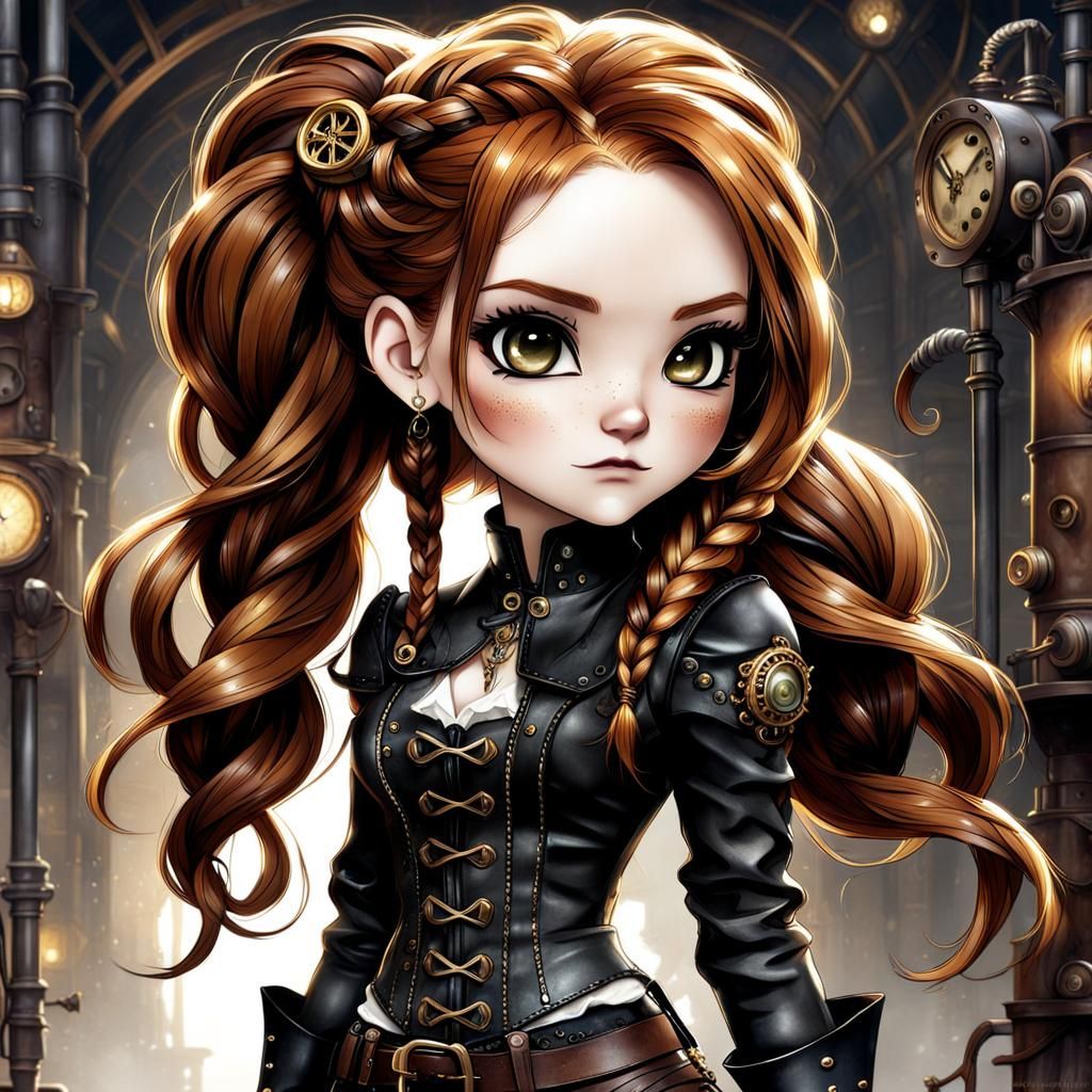 Steampunk Chibi Girl with Auburn Braids