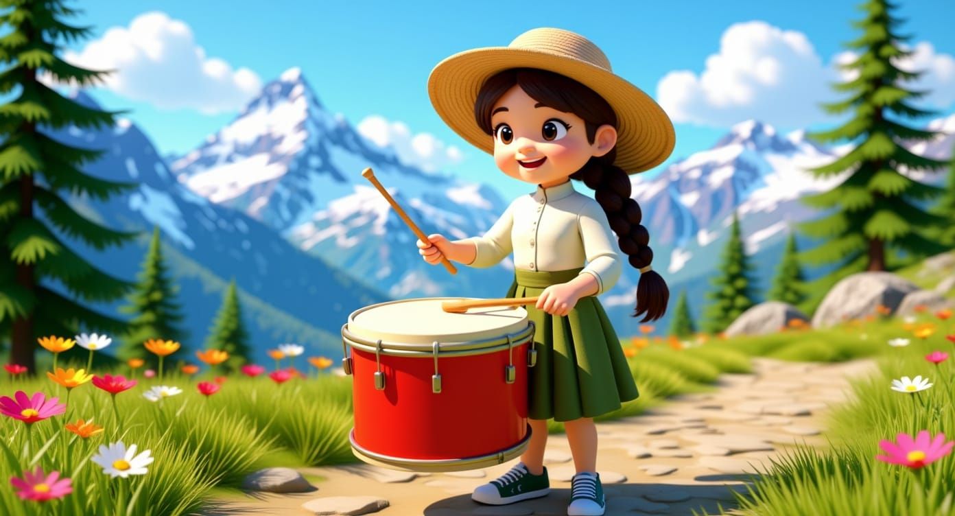 Cartoon Girl Drumming on Mountain Path, 3D Digital Art