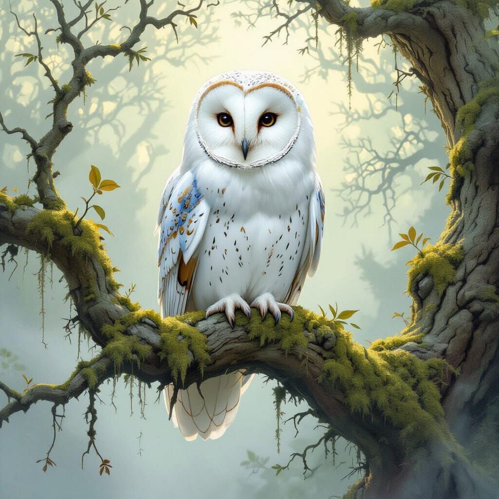 Wise White Owl Perched in Ethereal Mist