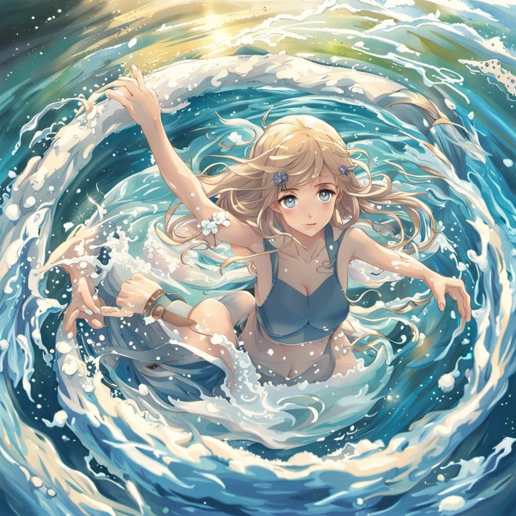 Goddess of water swimming through whirlpool