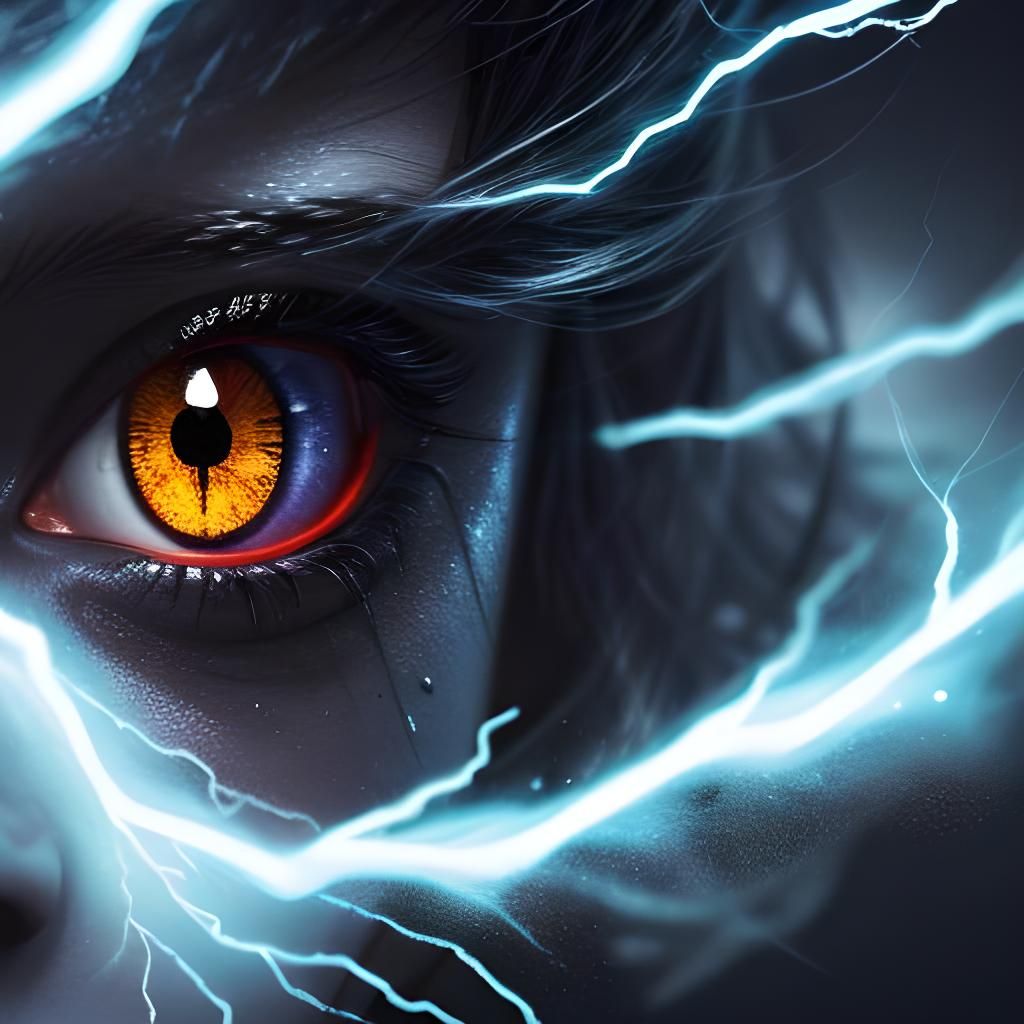 Hyperrealistic Yellow Eyes Reflecting Lightning