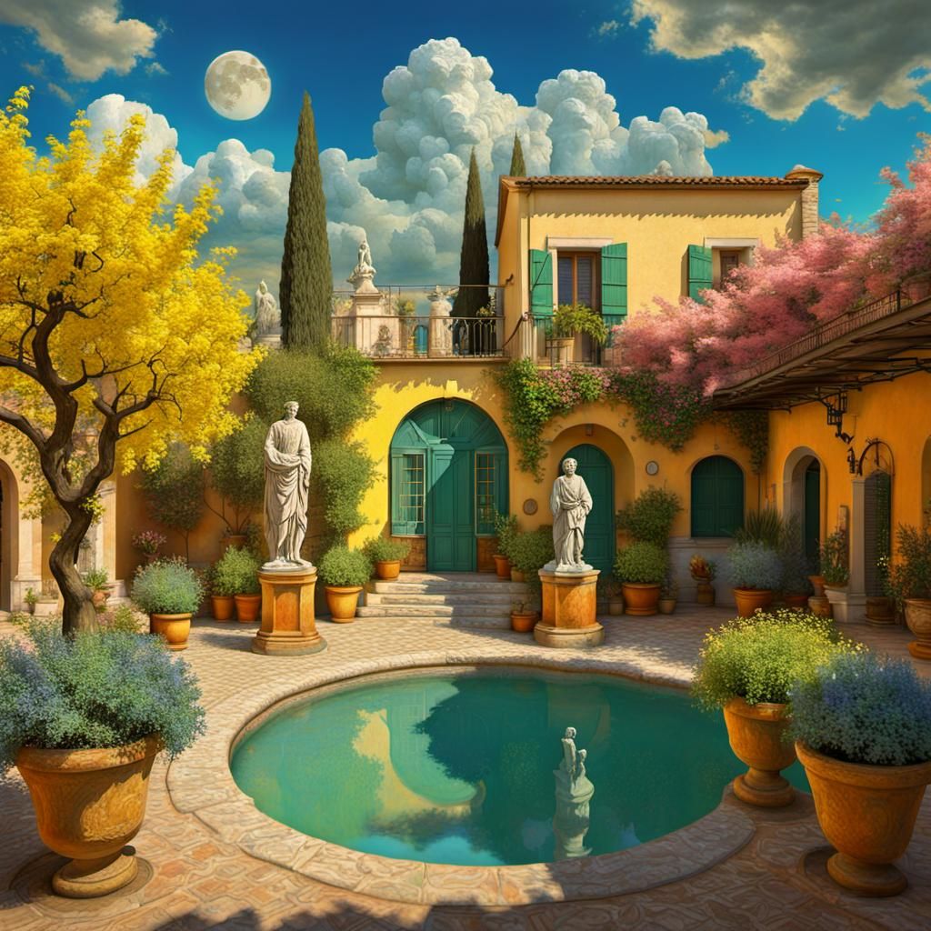 Springtime Italian Courtyard with Van Gogh Moon