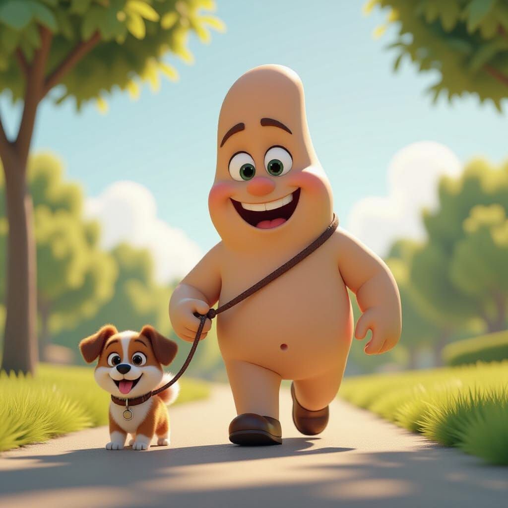 Smiling Thumb Character Walks Toe Dog in Park