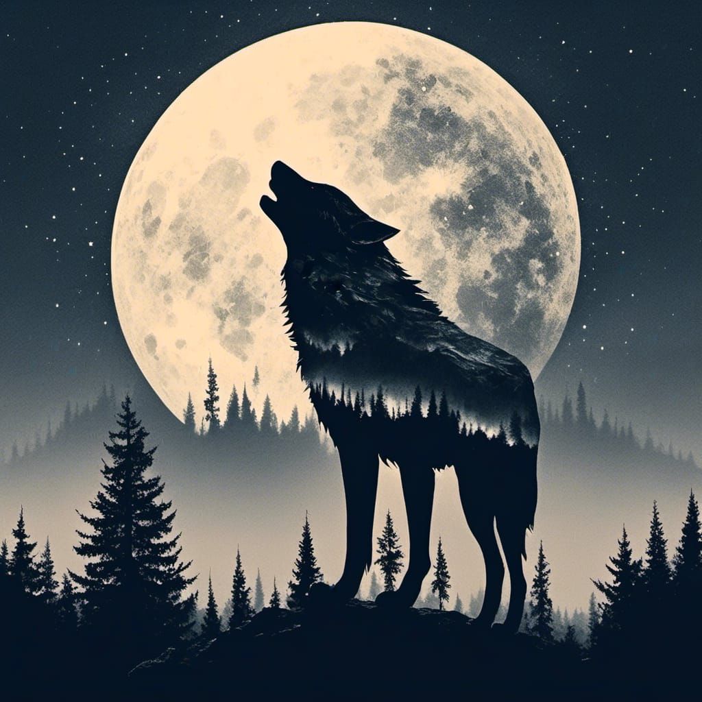 Monochrome Wolf Silhouette Double Exposure on Moon