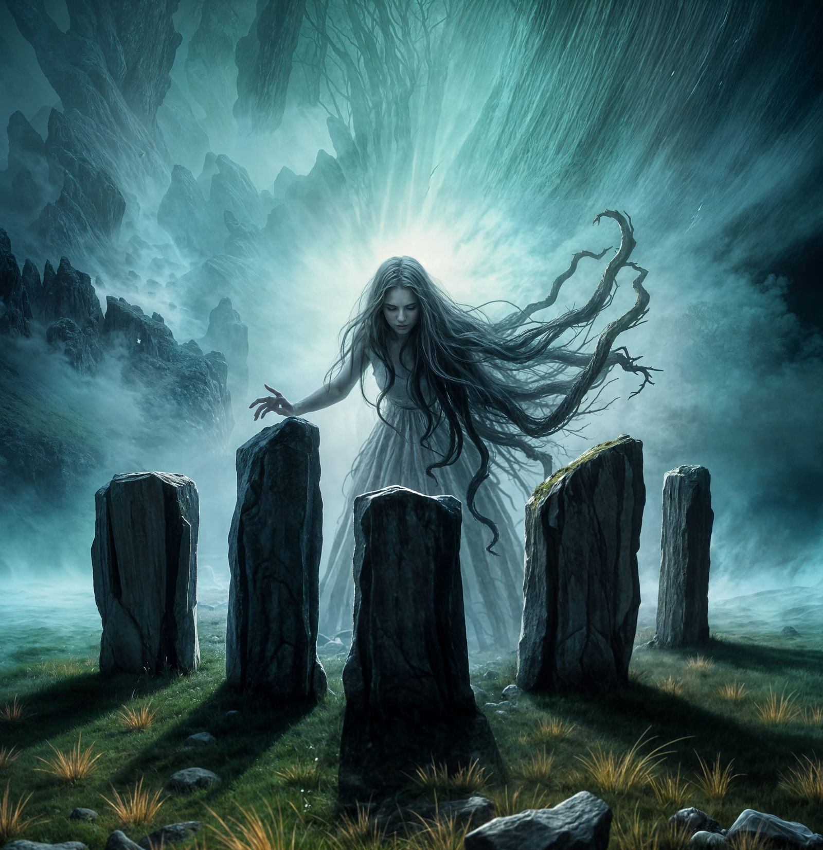 Banshee Emerges in Misty Highlands, Impressionistic Acrylic