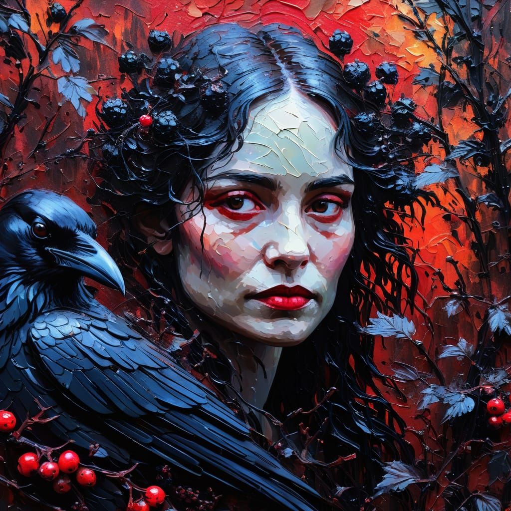 Ethereal Gothic Woman with Raven Wings as Impasto Painting