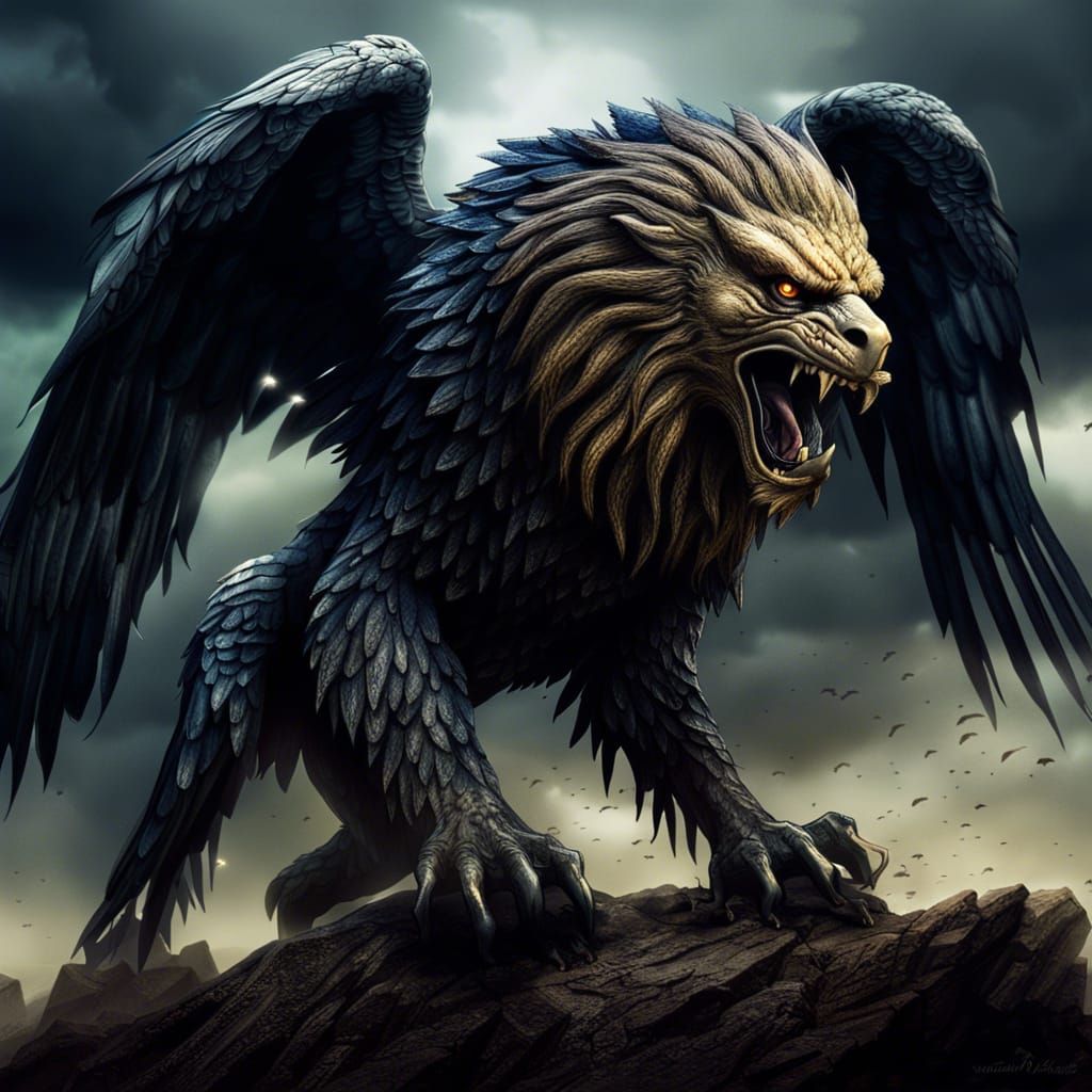 Sinister Lion-Eagle Hybrid Creature in Hyperrealistic Style