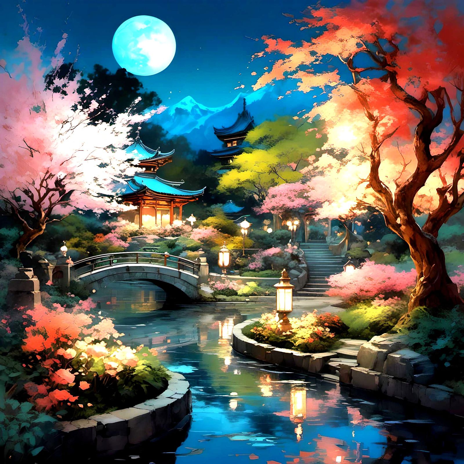 Moonlit Anime Garden Landscape at Night