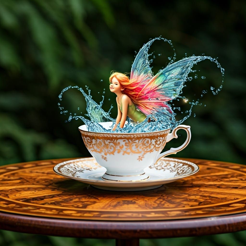 Antique Teacup with Fairy and Water Butterfly