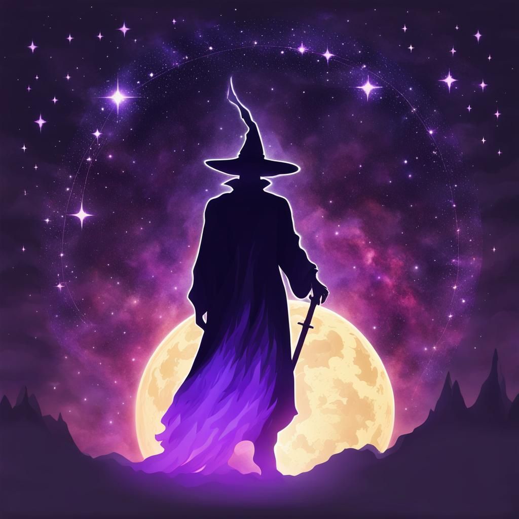 Magical Sorcerer Silhouette in Starry Midnight