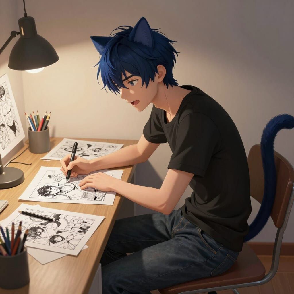 Anime Artist Draws Manga Page in Dimly Lit Room
