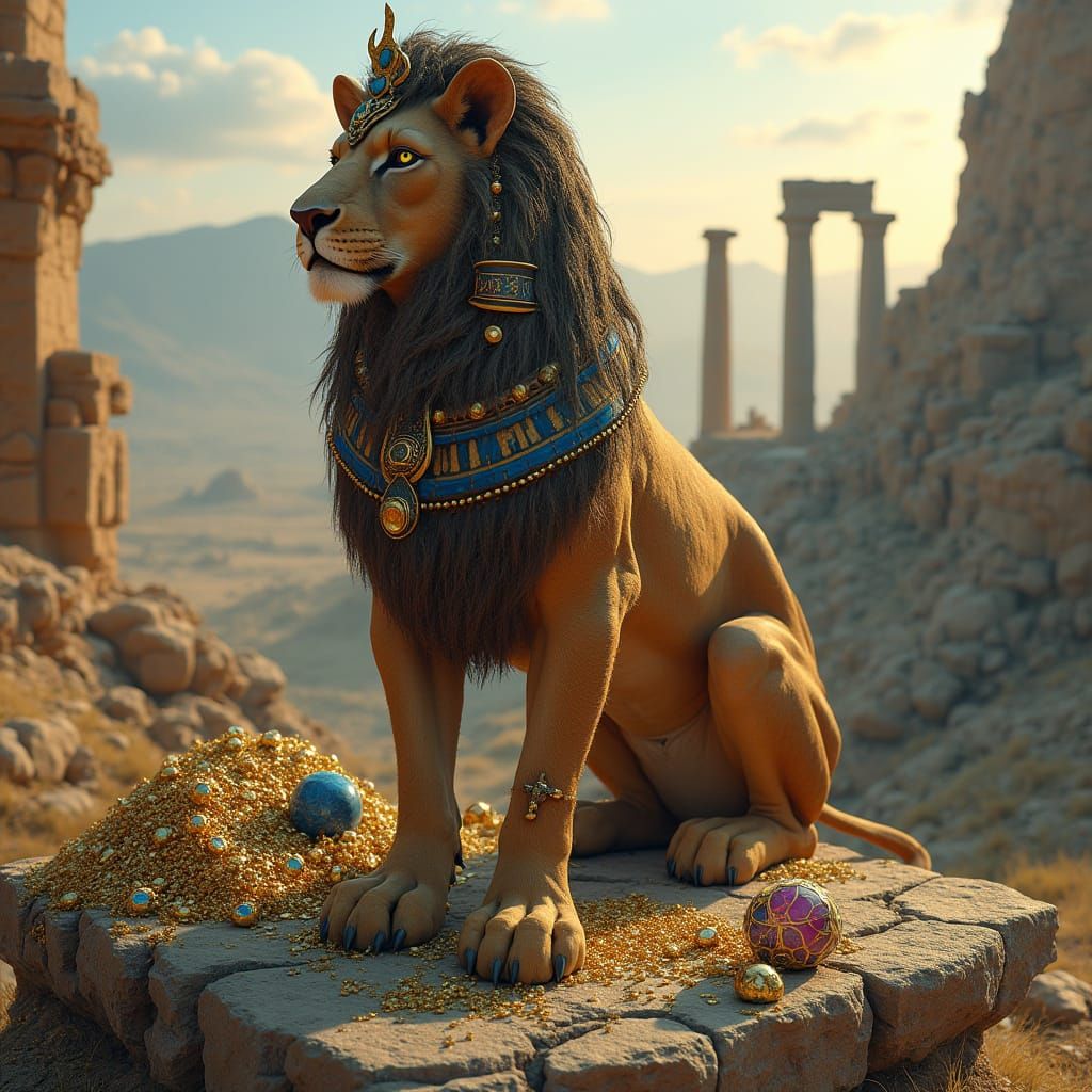 Majestic Lion-Human Creature Guards Ancient Temple Treasure