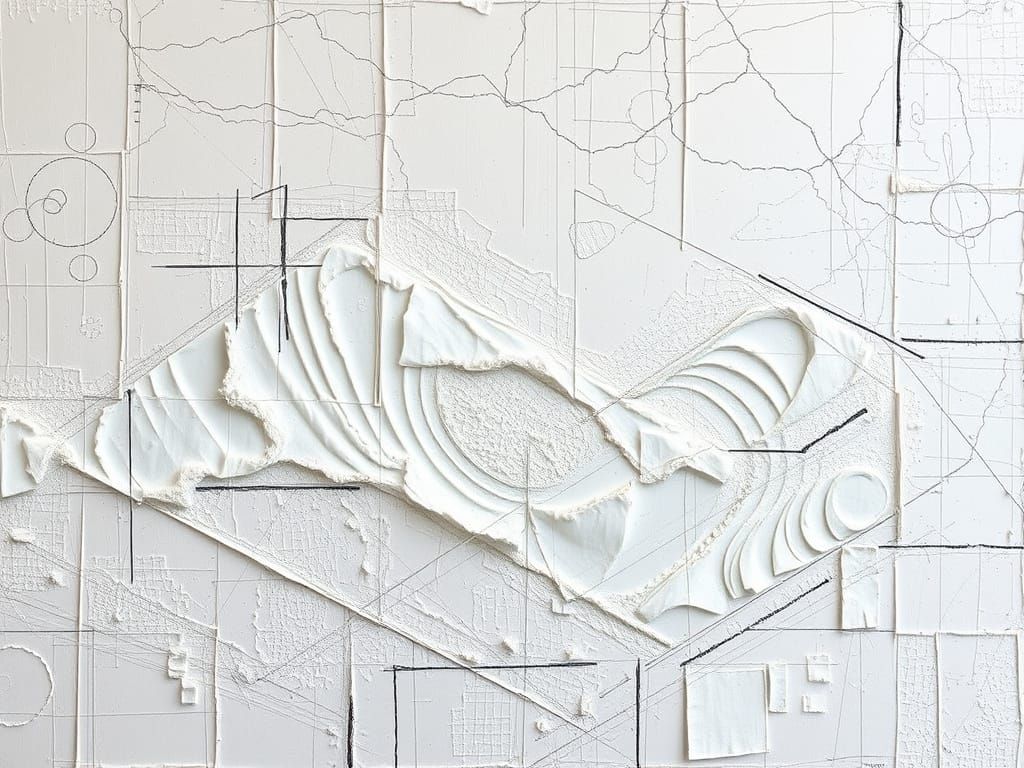 Abstract White Impasto Artwork with Geometric Structure and ...