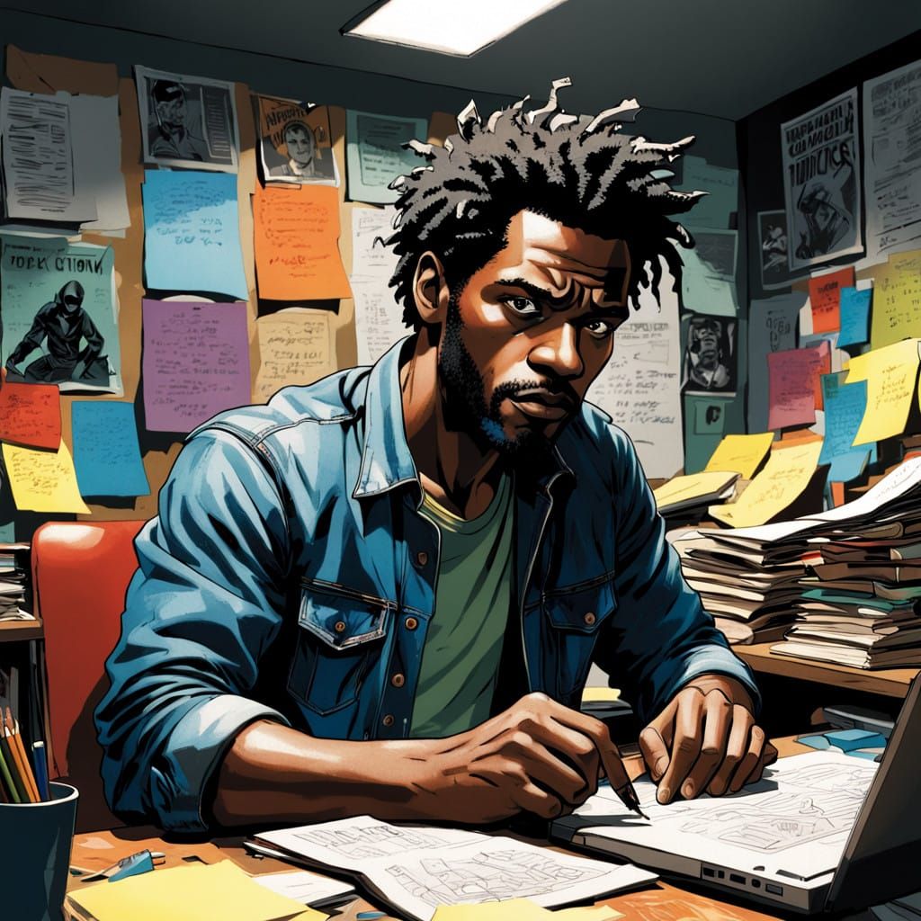 Focused Black Man Types Intensely in Cluttered Comic Book-St...