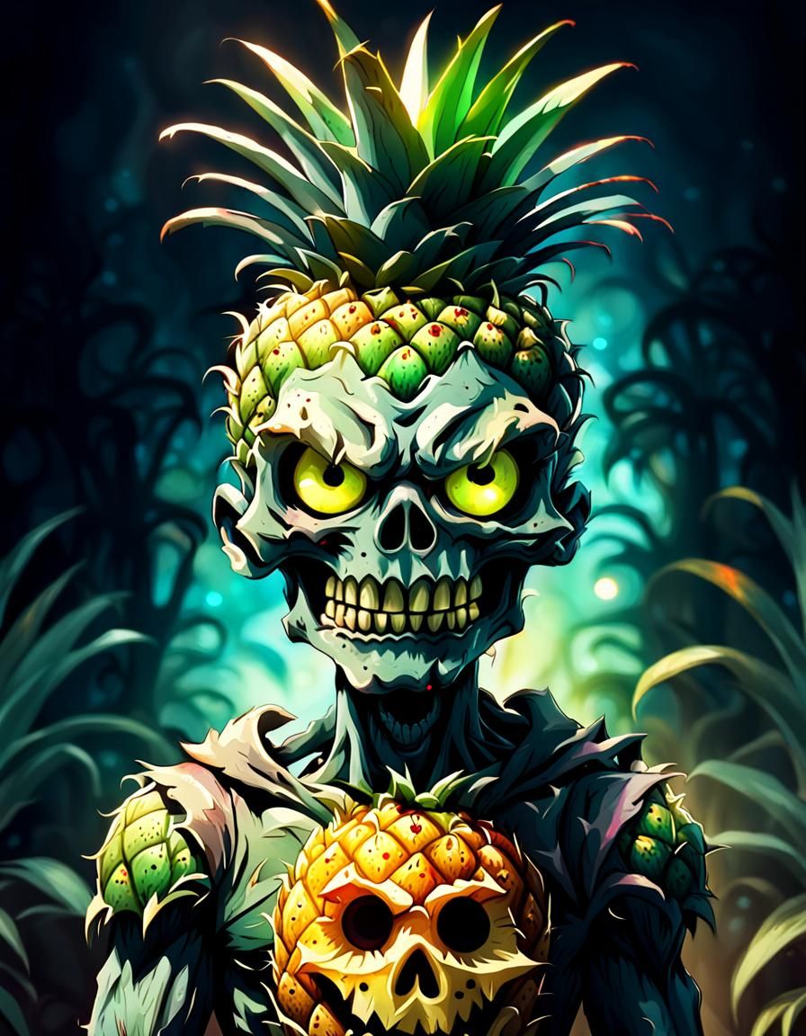 Undead Pineapple Cartoon Character in Watercolor Style