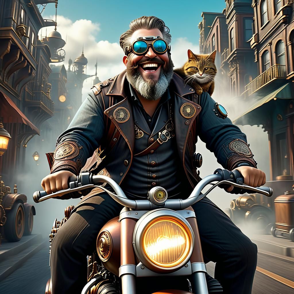 Steampunk Man and Cat Ride Through City