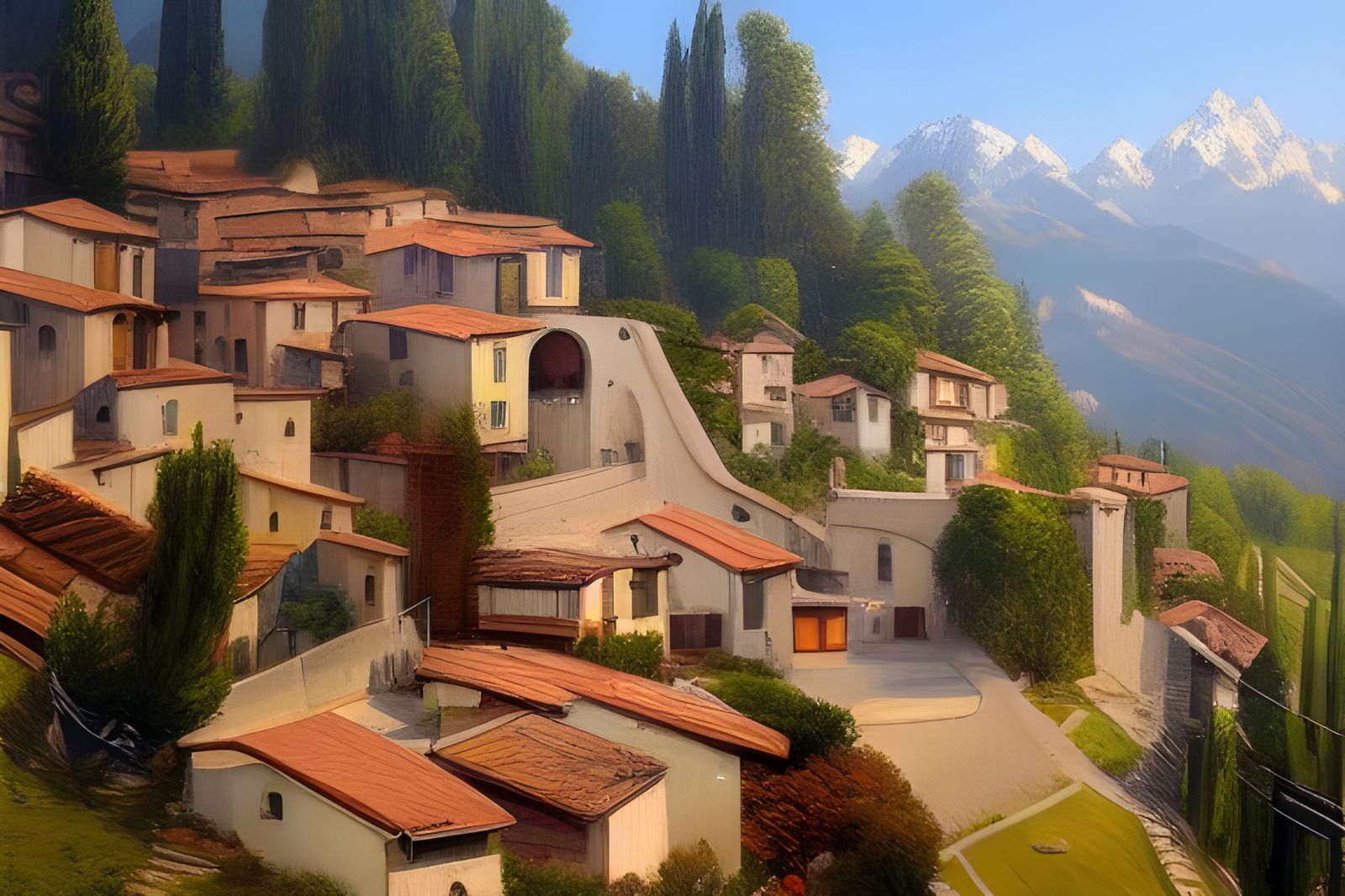 Picturesque Italian Village Mountain Oil Painting