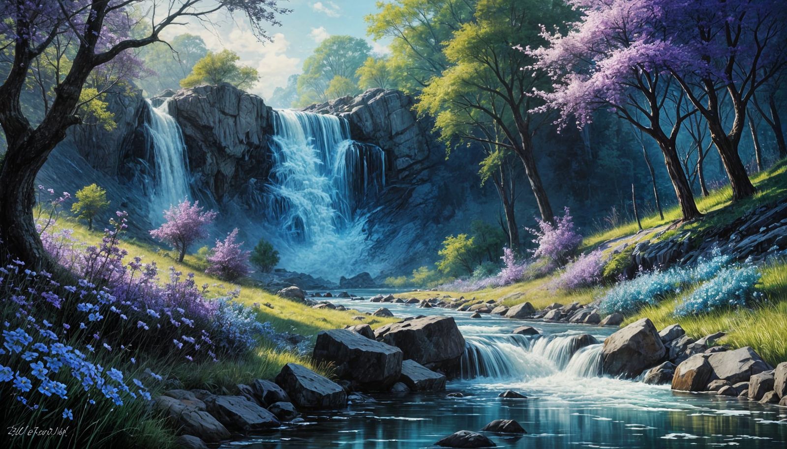Vivid Spring Landscape with Waterfall in Oil Painting Style