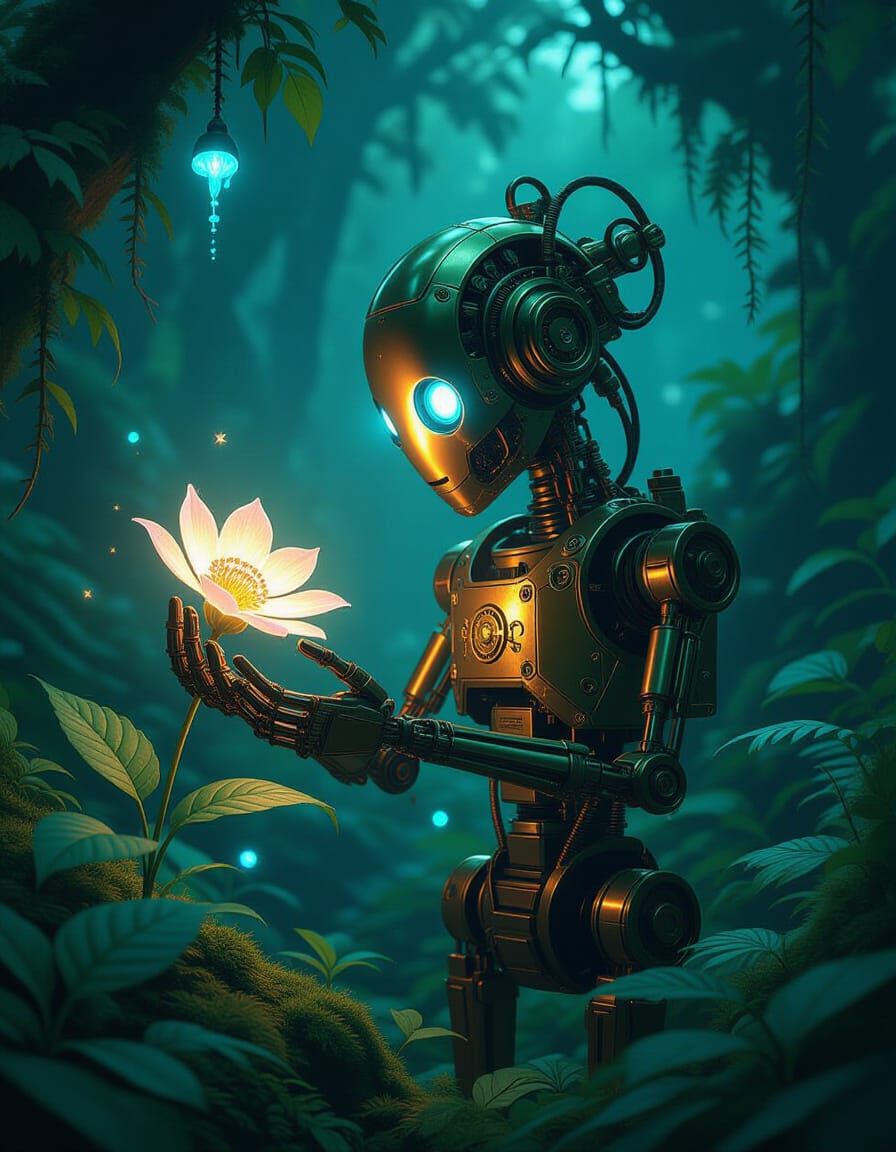 Brass Automaton in Bioluminescent Forest Concept Art