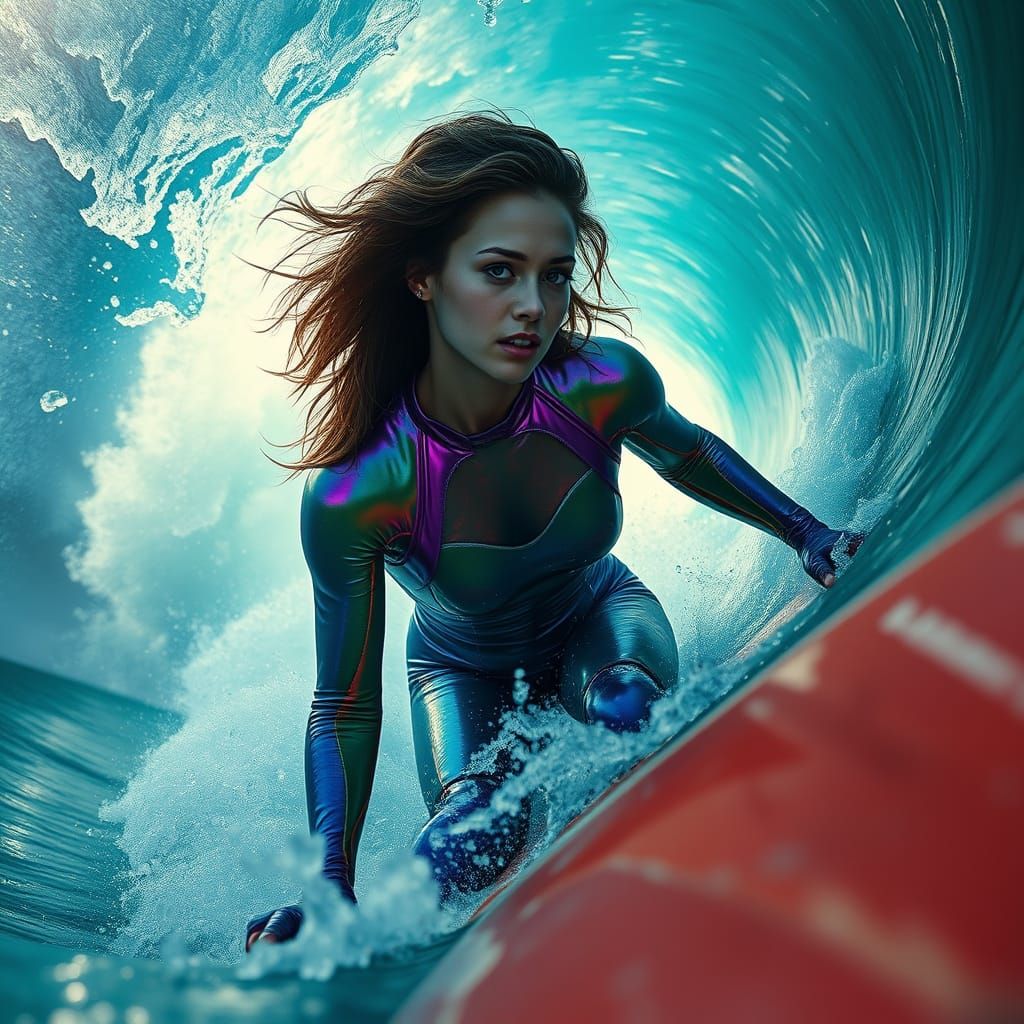 Gros plan sur l'océan d'une  surfeuse très belle en combinaison brillante qui se fraie un chemin sous un rouleau dans la...