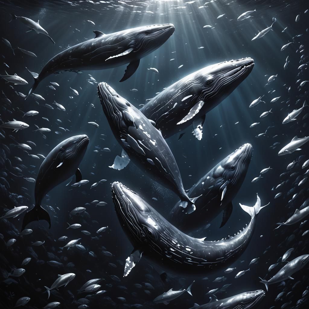 Mysterious Black and White Whales in Fantasy Ocean