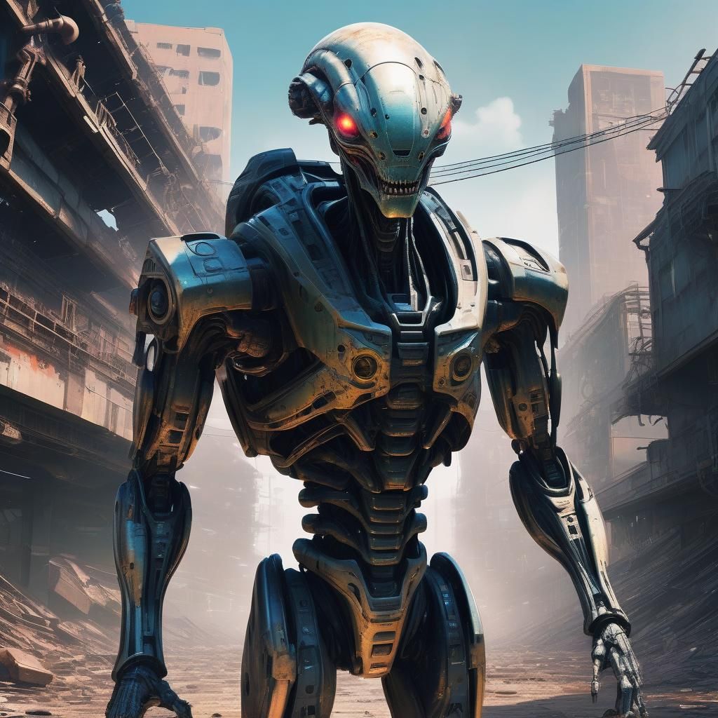 Anime Alien Cyborg in Dystopian Sci-Fi Landscape