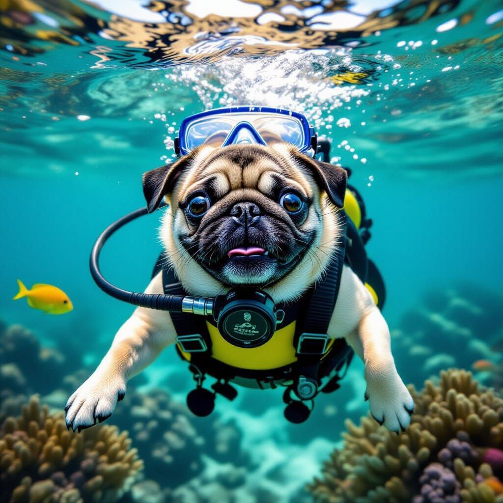 Joyful Pug Dog Scuba Diving in National Geographic Style