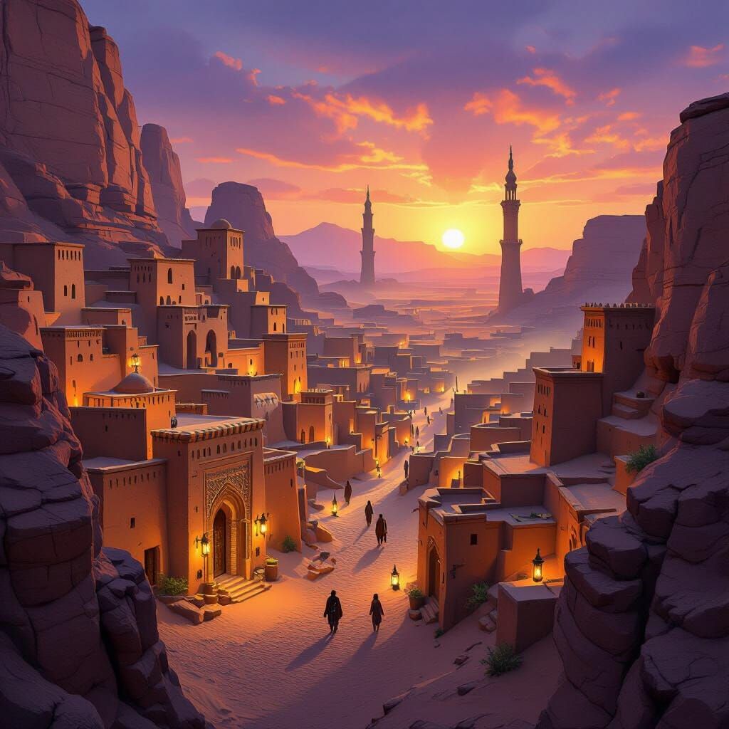 Ancient Desert City at Dusk in Digital Matte Painting Style