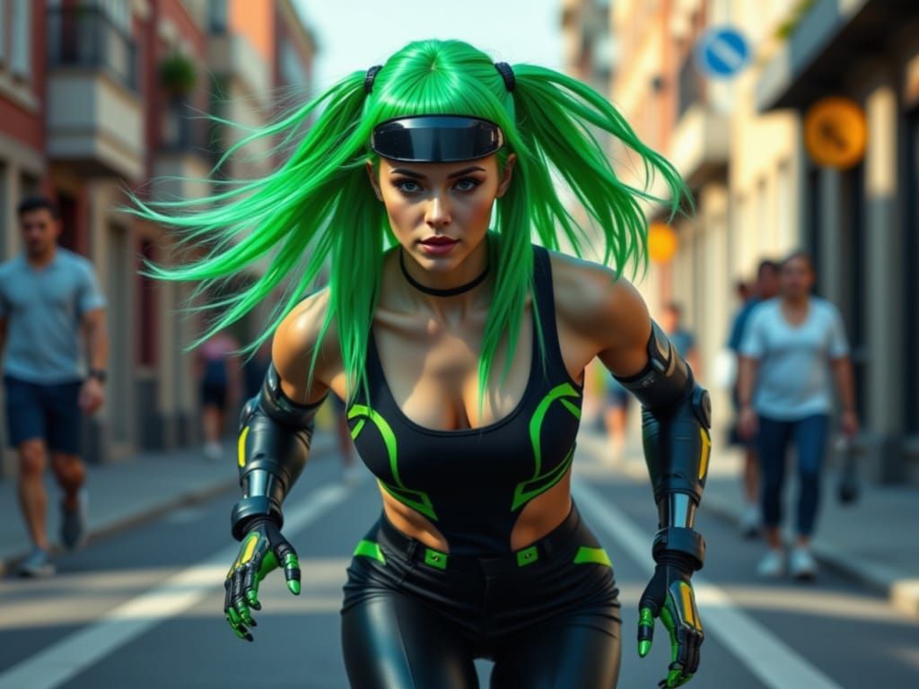 Cyberpunk Woman with Kinetic Limbs in Neon City