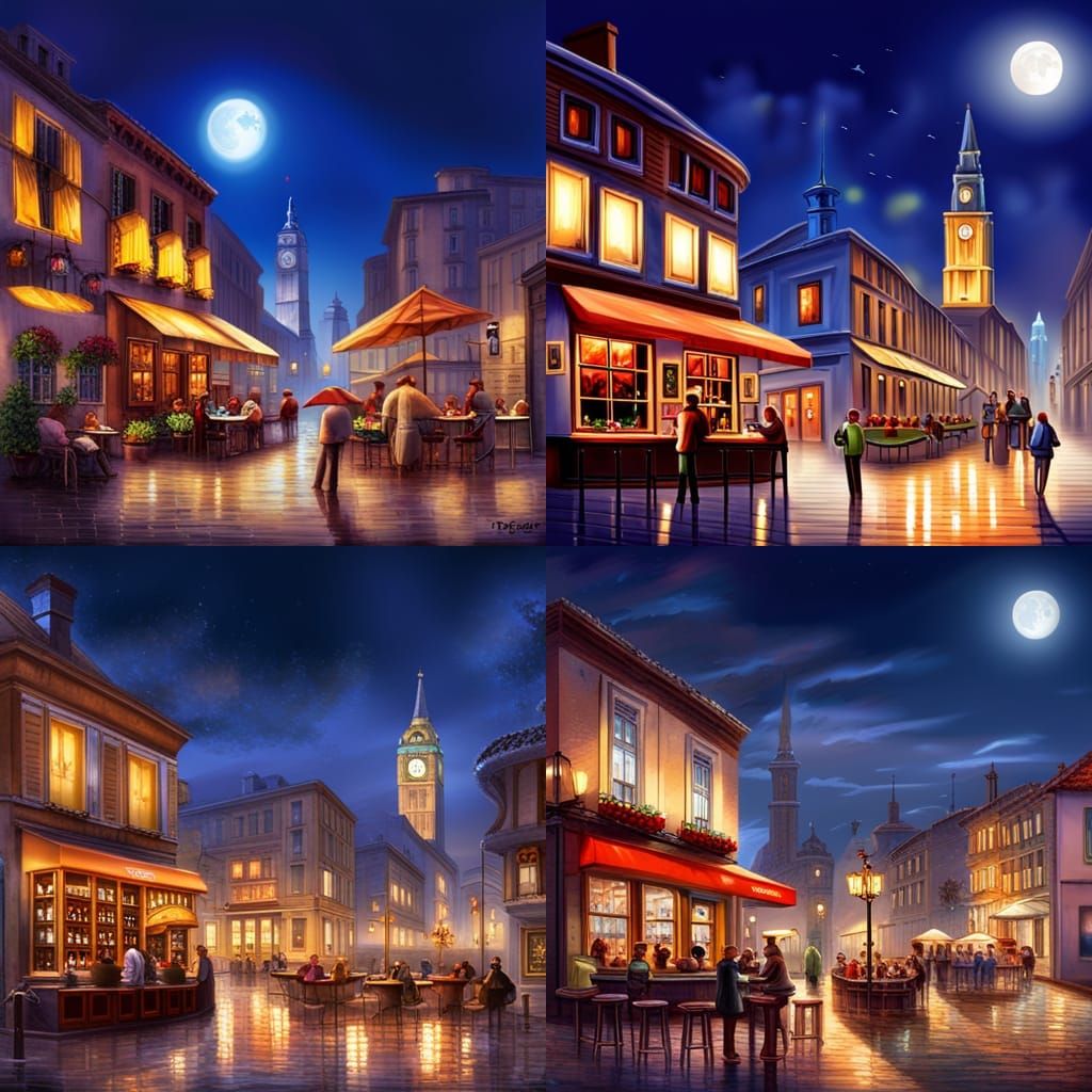 Romantic Night Cafe Scene in Kinkade Style