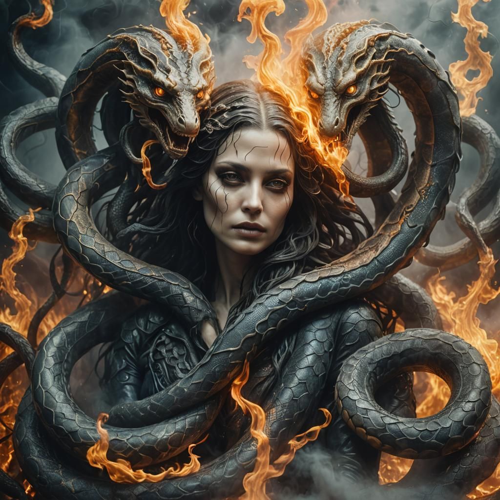 Serpents Entwined in Mist: A Surreal Portrait