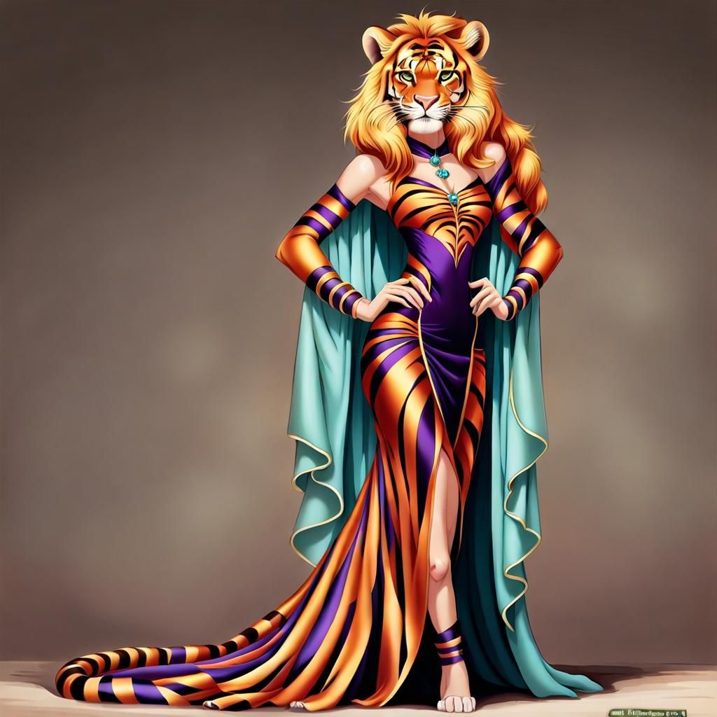 Anthropomorphic Tigress-Lioness Hybrid in Purple Gown