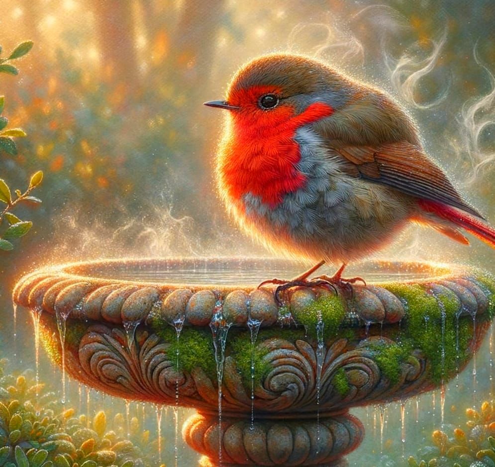 Scarlet Robin at Dawn in Forest Garden Watercolour