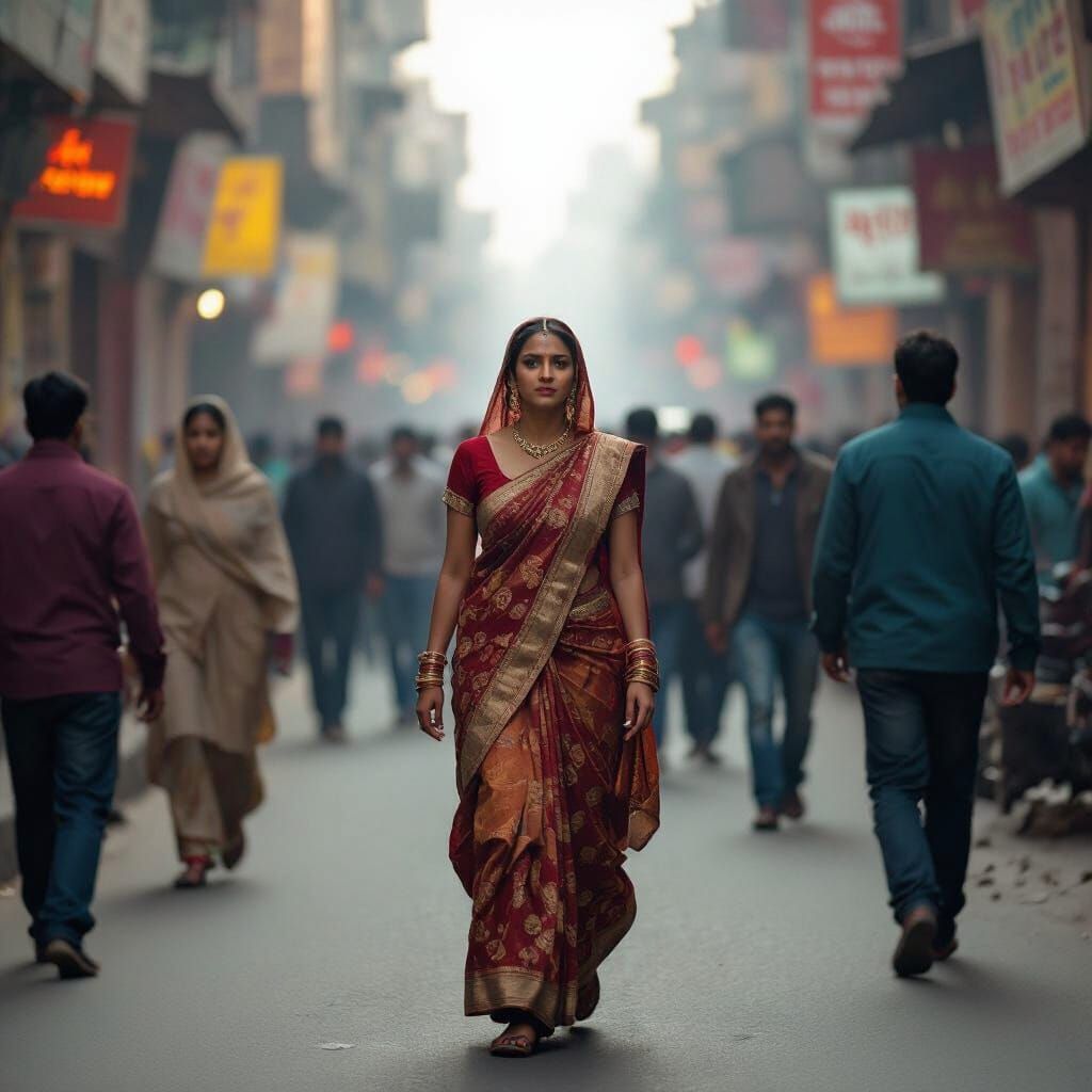 Woman in Delhi Street Scene: Cinematic Film Still