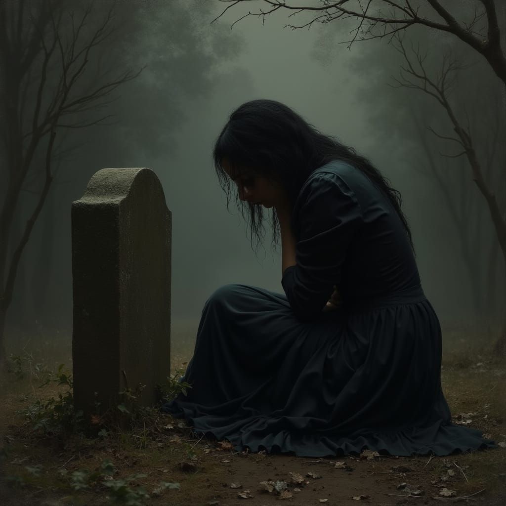 Grieving Widow in Somber Scene, Romanticism Style