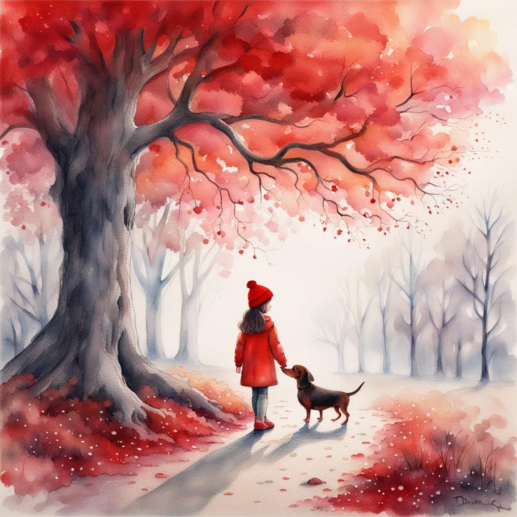 Girl and Dachshund in Ethereal Watercolor Fantasy
