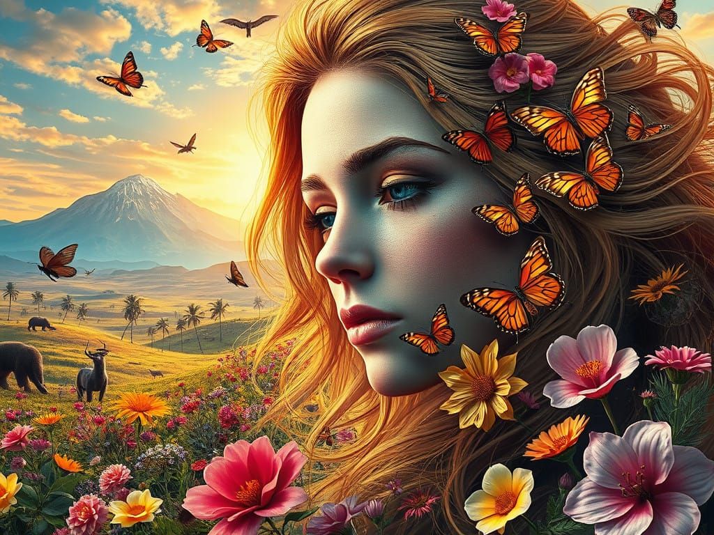Hyper Realistic Surrealist Goddess in Vibrant Landscape