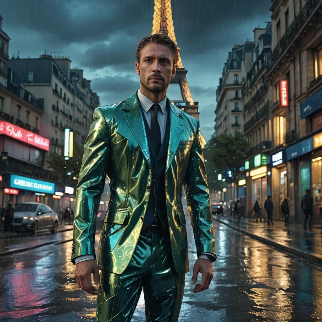 Futuristic Eiffel Tower in Rainy Cityscape