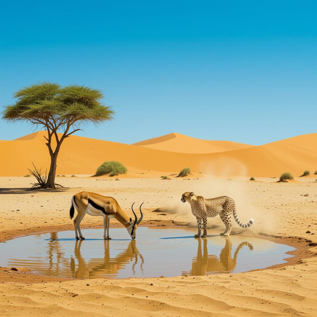 Antelope and Cheetah Share Oasis in Sahara Desert