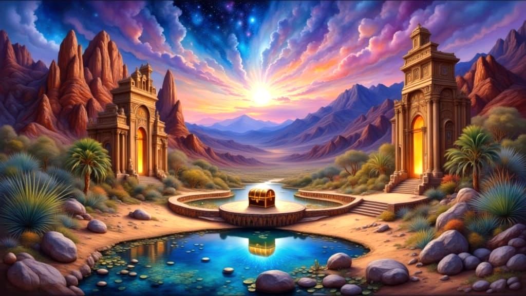 Twilight Oasis with Ancient Ruins, Oil Painting