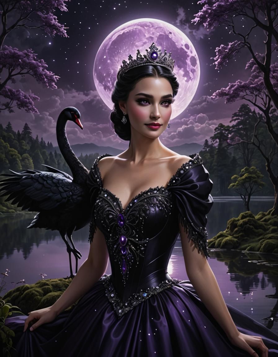 Princess with Black Swan in Dark Forest