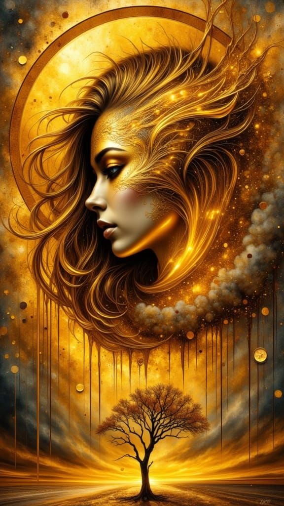 Molten Golden Mask of a Woman in Symbolist Surrealism Style