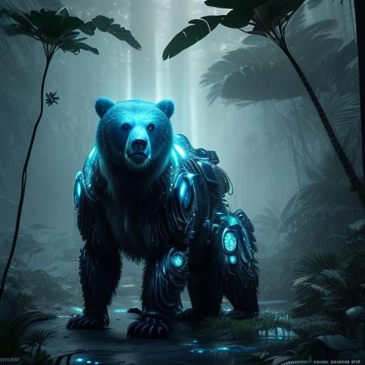 Bioluminescent Bear in Magical Jungle, Sci-Fi Art