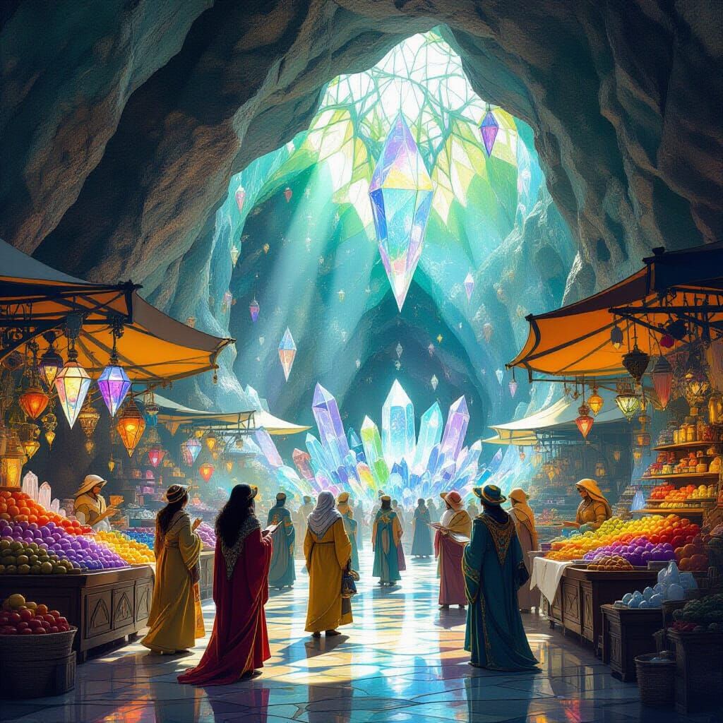 Magical Geode Marketplace with Whimsical Creatures and Art N...