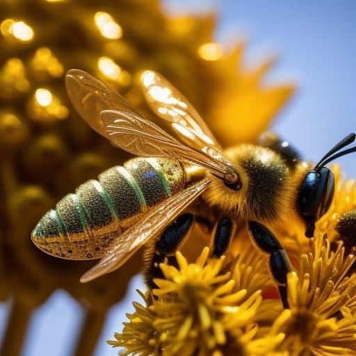 Golden Mechanical Bee Shimmers Under Sunlight